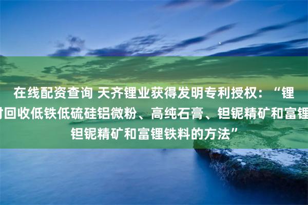 在线配资查询 天齐锂业获得发明专利授权：“锂辉石提锂同时回收低铁低硫硅铝微粉、高纯石膏、钽铌精矿和富锂铁料的方法”